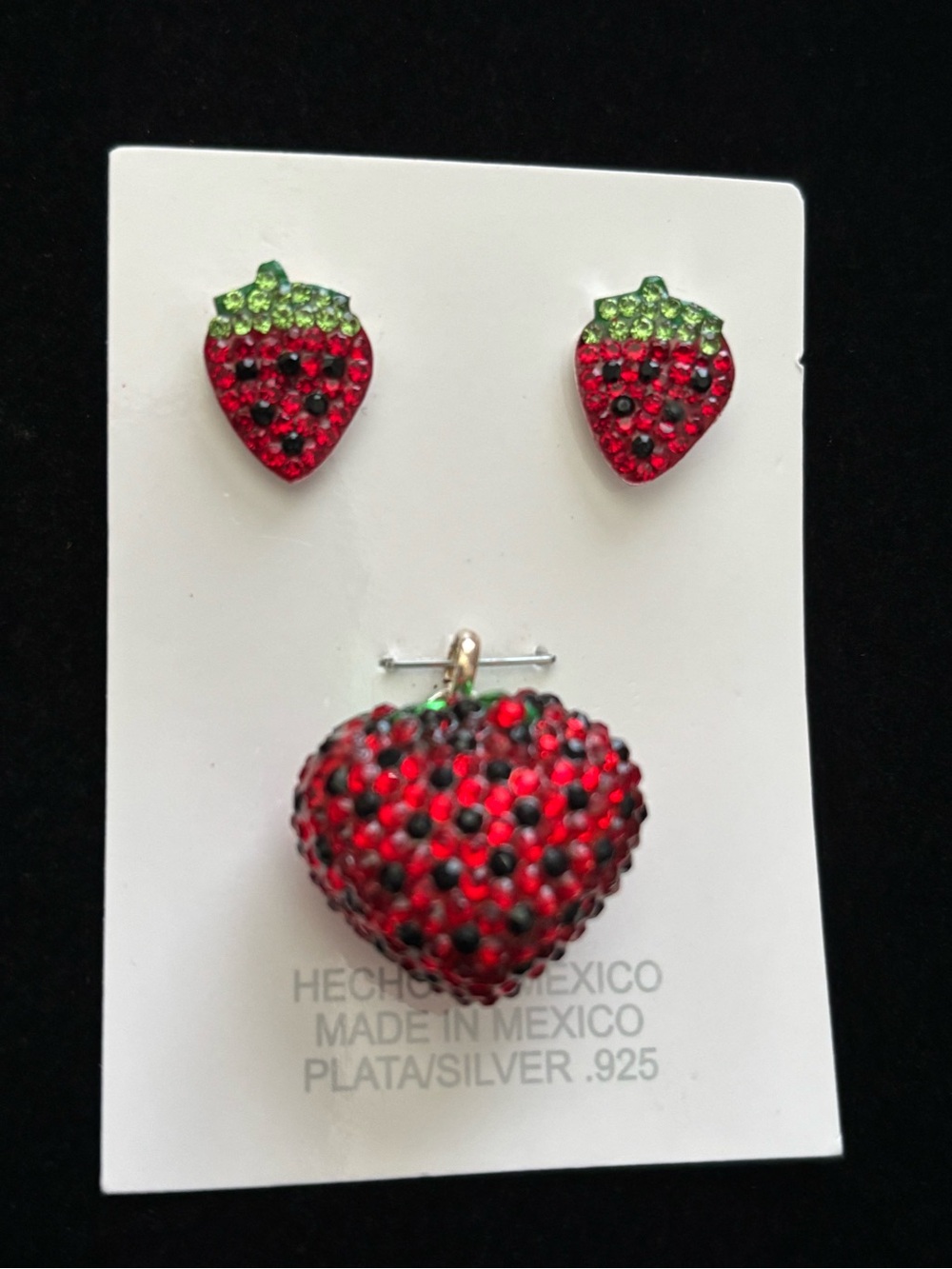 Sterling Silver Red & Green Strawberry Earrings and Pendant Set